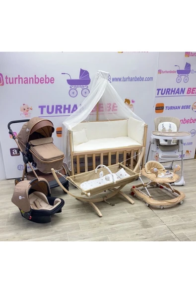 TURHAN BEBE Çeyiz Seti Bebek Arabası Puset  Anne Yanı Beşik  Asansörlü Mama Sandalyesi Yürüteç Hamak Beşik KAHVE ürün görseli 1