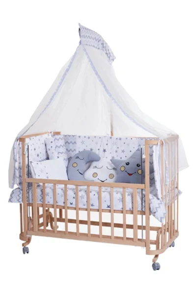 TURHAN BEBE Ahşap Beşik Anne Yanı Beşik Sallanır Beşik Organik 60x120 Yıldız Uyku Seti Yatak Tekerlekli GRİ ürün görseli 1