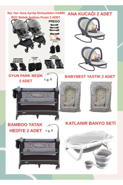 TURHANBEBE Yeni Doğan İkiz Bebek Çeyiz Seti Beşik Bebek Arabası Ana Kucağı Banyo Seti Baby Nest Gri ürün görseli 1