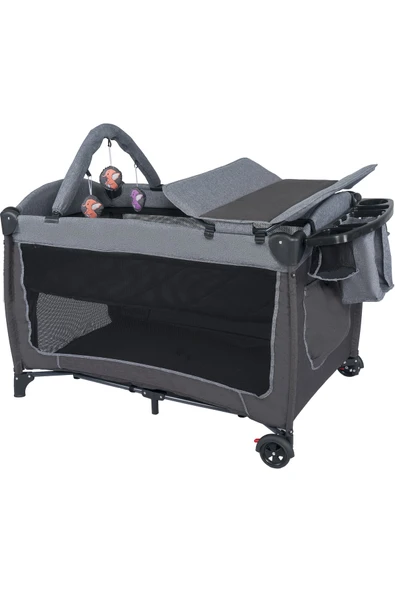 TURHAN BEBE Comfort Oyun Park Beşik Sallanır Cibinlikli Oyuncaklı Alt Açması GRİ ürün görseli 1
