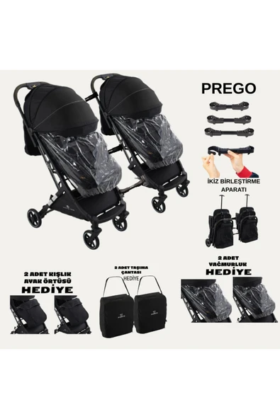 TURHANBEBE Prego İkiz Apartlı Birleşip Ayrılan Yan Yana İkiz Kabin Boy Bebek Arabası Altın ürün görseli 1
