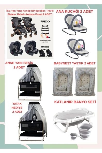 TURHANBEBE Yeni Doğan İkiz Bebek Çeyiz Seti Beşik Bebek Arabası Ana Kucağı Banyo Seti Baby Nest Siyah3 ürün görseli 1