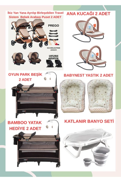 TURHANBEBE Yeni Doğan İkiz Bebek Çeyiz Seti Beşik Bebek Arabası Ana Kucağı Banyo Seti Baby Nest Kahverengi1 ürün görseli 1