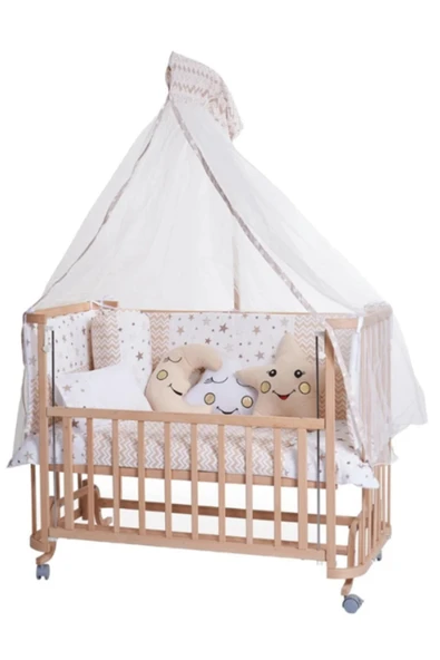 TURHAN BEBE Ahşap Beşik Anne Yanı Beşik Sallanır Beşik Organik 60x120 Yıldız Uyku Seti Yatak Tekerlekli KAHVE ürün görseli 1