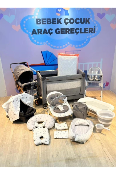 TURHANBEBE 20 Parça Bebek Çeyiz Seti Bebek Arabası Puset Beşik Ana Kucağı Bebek Bakım Çantası 7'Li Tekstil Seti Yeşil ürün görseli 1
