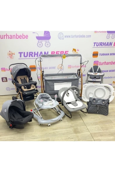 TURHAN BEBE Yeni Doğan Rocco BebekÇeyiz Seti (12Parça) BEŞİK ANA KUCAĞI MAMA SANDALYESİ BEBEK ARABASI PUSET... GRİ ürün görseli 1