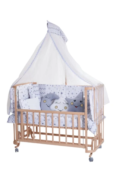 TURHAN BEBE Ahşap Beşik Anne Yanı Beşik Sallanır Beşik Organik 60x120 + Yıldız Uyku Seti + Yatak + Tekerlekli GRİ ürün görseli 1