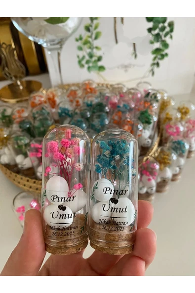Nikah Şekeri Cam Fanus Karışık Cipso Çiçekli ve Fıstık Şekerli Nikah, Söz, Nişan Hediyelik - 50 Adet ürün görseli 1