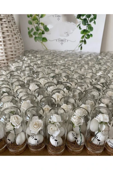 Nikah Şekeri Cam Fanus Beyaz Gül ve Fıstık Şekerli Nikah, Söz, Nişan Hediyelik - 50 Adet ürün görseli 1