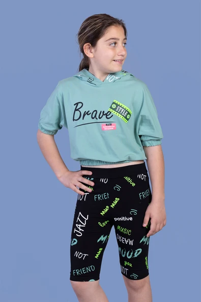 Toontoy Kız Çocuk 2'li Takım Baskılı Kapüşonlu Kısa Kollu Crop Sweatshirt & Basic Düz Crop Tayt ürün görseli 1
