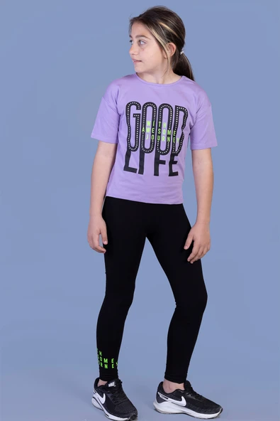Toontoy Kız Çocuk 2'li Takım Baskılı Bisiklet Yaka T-Shirt & Basic Düz Tayt ürün görseli 1