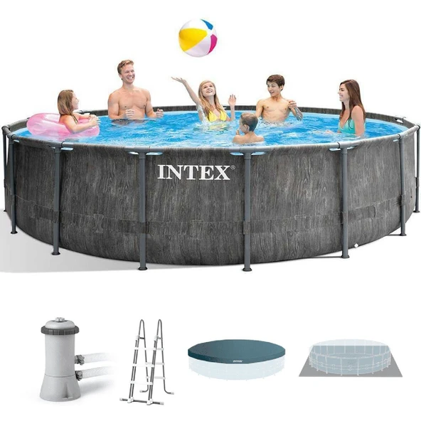İntex 26742NP Greywood Yuvarlak Prefabrik Aile Havuzu 457x122cm Filtre+Merdiven+Örtü Set ürün görseli 1