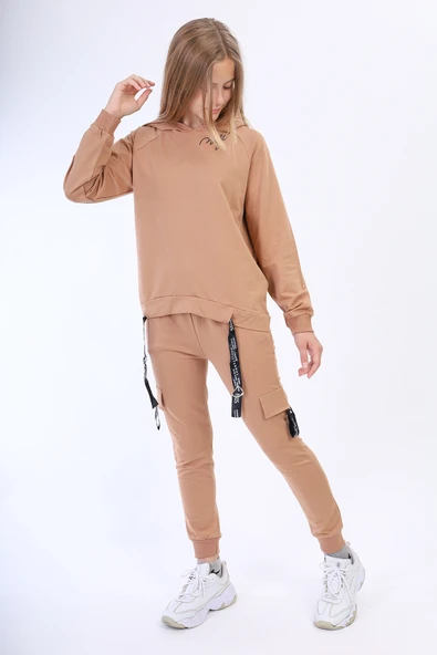 Toontoy  Kız Çocuk 2'li Takım Baskılı Kapüşonlu Reglan Kol Sweatshirt & Beli Lastikli Cepli Eşofman Altı - Şerit Detaylı ürün görseli 1