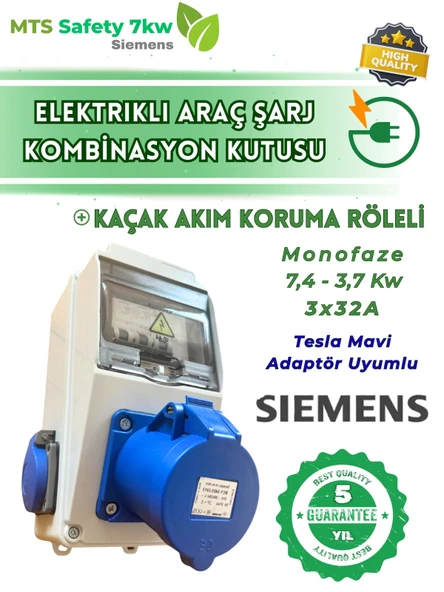 MTSevcharger 7.4 Kw 3/32A Siemens Tesla Blue Mavi Adaptör Uyumlu Halojen Free Yanmaz Taşınabilir Elektrikli Araç Şarj Cihazı Kombinasyon Kutusu 7kw ürün görseli 1