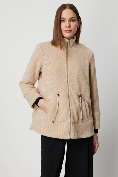 On Fashion Kadın Beli Bağcıklı Dik Yaka Vizon Mont 66721 ürün görseli 1