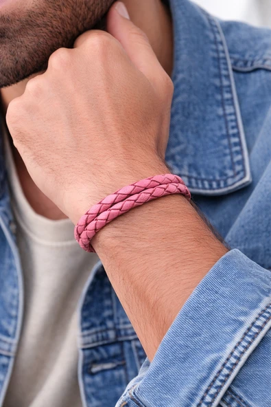 Pembe Fuşya Hakiki Deri Örgü Erkek Bileklik – Mıknatıslı Tokalı-653 ürün görseli 1