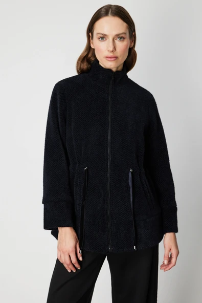 On Fashion Kadın Beli Bağcıklı Dik Yaka Siyah Mont 66721 ürün görseli 1