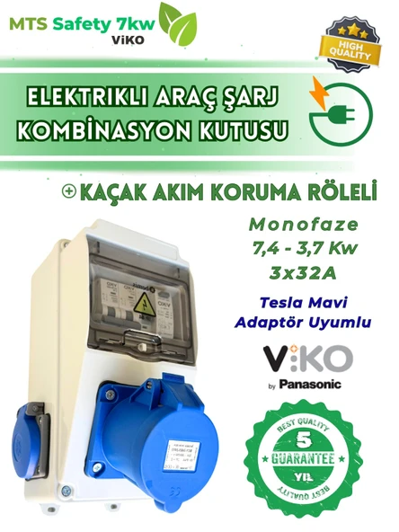 MTSevcharger 7.4 Kw V'KO/Panasonic 3 32 Monofaze Tesla Mavi Adaptör Uyumlu Kaçak Akım Roleli Taşınabilir Elektrikli Araç Şarj Cihazı Kombinasyon Kutusu  7kw ürün görseli 1