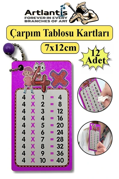 Zincirli Çarpım Tablosu 12 Adet 7x12 cm Cep Zircirli Çarpım Tablosu Yaz Sil Özellikli Karne Hediyesi Çarpım Kartları ürün görseli 1