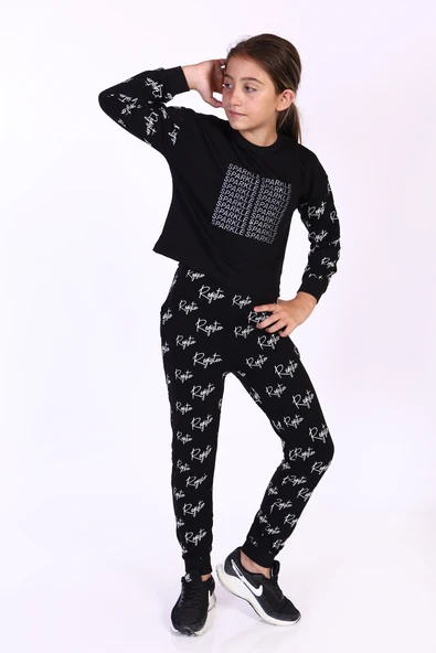 Toontoy Kız Çocuk 2'li Takım Baskılı Bisiklet Yaka Sweatshirt & Beli Paçası Lastikli Jogger Eşofman Altı - Renk Bloklu & 2 İplik ürün görseli 1