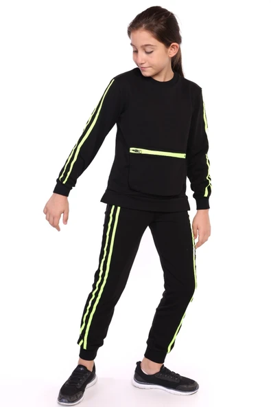 Toontoy Kız Çocuk 2'li Takım Bisiklet Yaka Torba Cepli Sweatshirt & Beli Paçası Lastikli Jogger Eşofman Altı - Bant Detaylı & 2 İplik ürün görseli 1