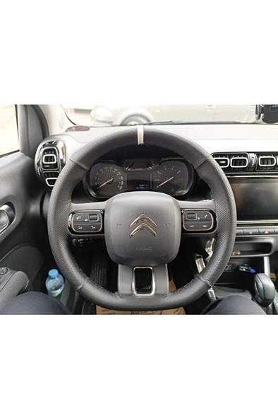 Dikişli Direksiyon Kılıfı Noktalı/siyah Deri Beyaz Yüzük Siyah Dikiş Citroen C3 Aircross Için ürün görseli 1