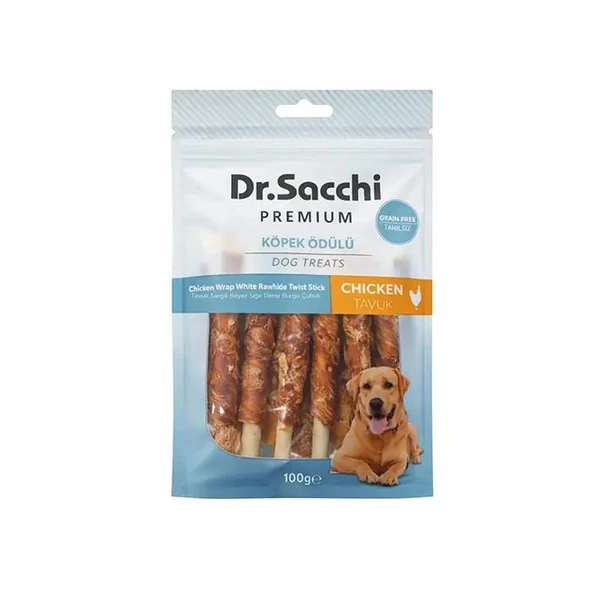Dr.Sacchi Premium Tavuk Sargılı Beyaz Sığır Derili Burgu Çubuk Tahılsız Köpek Ödülü 10lu 100 Gr ürün görseli 1