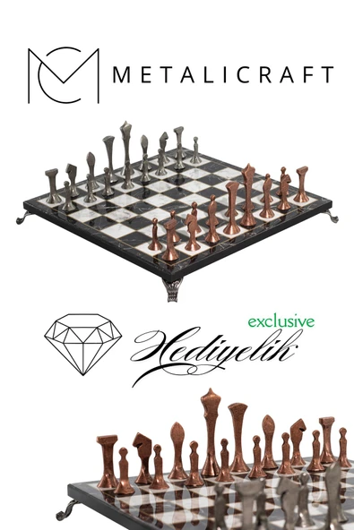 MC74 Metal Satranç Takımı - Mermer Desenli 30x30cm Ahşap Tahta - Büyük Boy Taş - Lüks Hediyelik ürün görseli 1