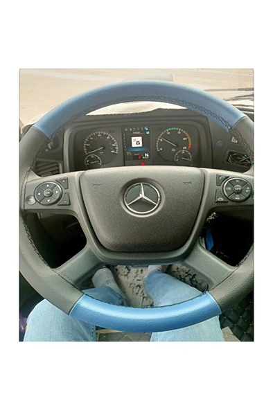 DİKİŞLİ DİREKSİYON KILIFI MAVİ/SİYAH DERİ SİYAH DİKİŞLİ MERCEDES TIR KAMYON İÇİN ürün görseli 1