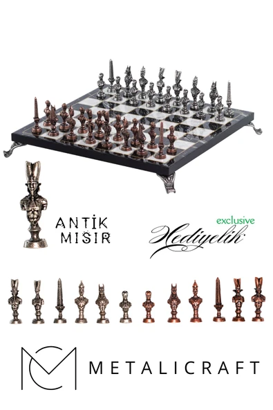 MC57 Antik Mısır Figürlü Metal Satranç Takımı - Mermer Desenli 25cm Tahta – El Yapımı Taşlar ürün görseli 1
