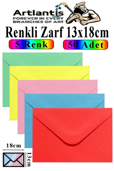 Renkli Zarf 13x18 cm 50 Adet 5 Renk Mektup Zarfı Davetiye Zarfı Kartpostal Çekiliş Hediye Zarfı ürün görseli 1