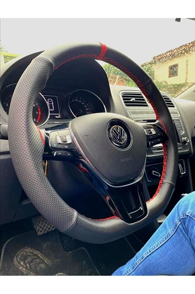 Dikişli Deri Direksiyon Kılıfı Vw Grubu Icin Damarlı/noktalı Kırmızı Yüzük/kırmızı Dikiş Karg ürün görseli 1