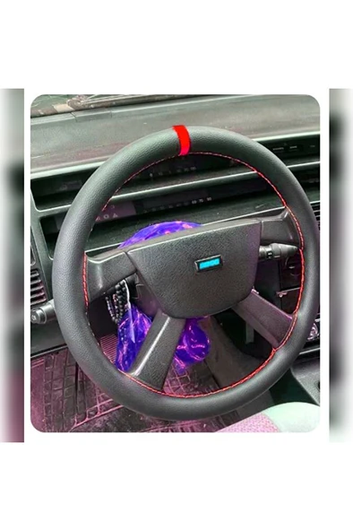DİKİŞLİ DİREKSİYON KILIFI SİYAH DERİ KIRMIZI YÜZÜK KIRMIZI DİKİŞLİ FIAT TEMPRA İÇİN ürün görseli 1