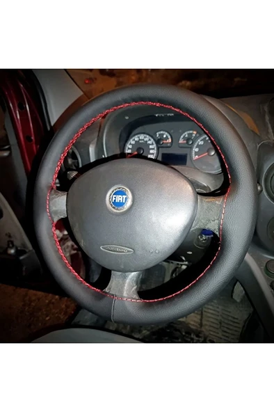 DİKİŞLİ DİREKSİYON KILIFI SİYAH DERİ KIRMIZI DİKİŞLİ FIAT DOBLO İÇİN ürün görseli 1