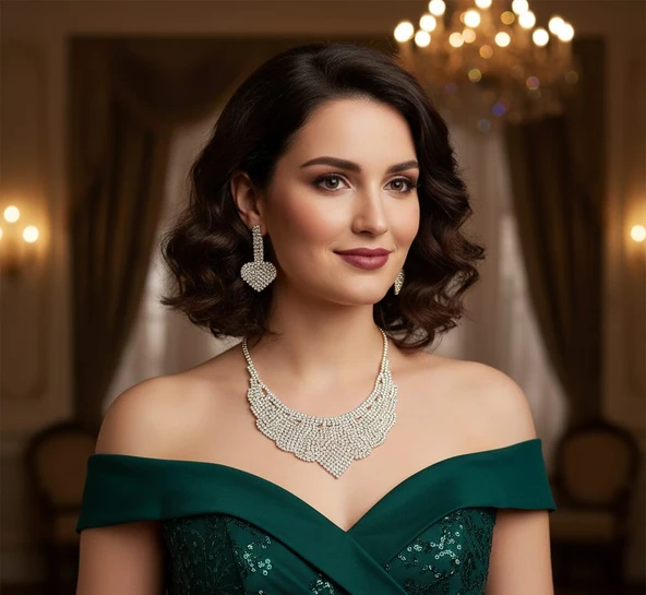 Slowshe-Zirkon Taşlı Küpe Kolye Set - Resim 2