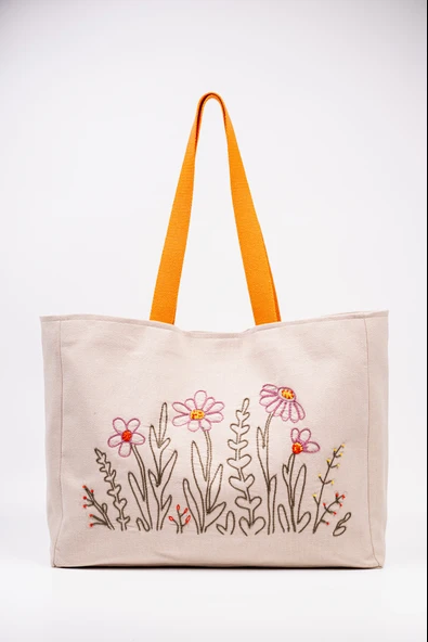 Omuz Çanta / Nakışlı Keten Karışımlı Kumaş Tote Çanta ürün görseli 1