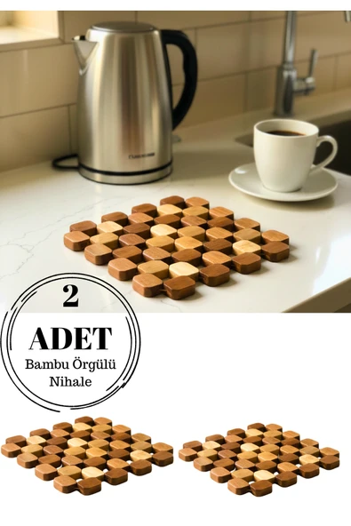 2 Adet Bambu Örgülü Nihale – Isıya Dayanıklı Doğal Ahşap Tencere & Çaydanlık Altlığı – Şık ve Kaymaz ürün görseli 1
