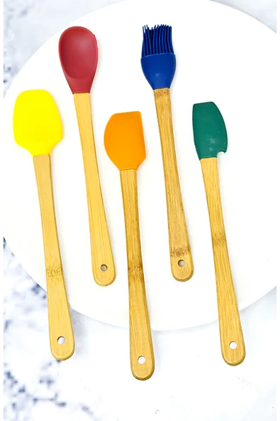 Bambu saplı 5'li mini boy silikon kaşık,spatula fırçalı seti ürün görseli 1
