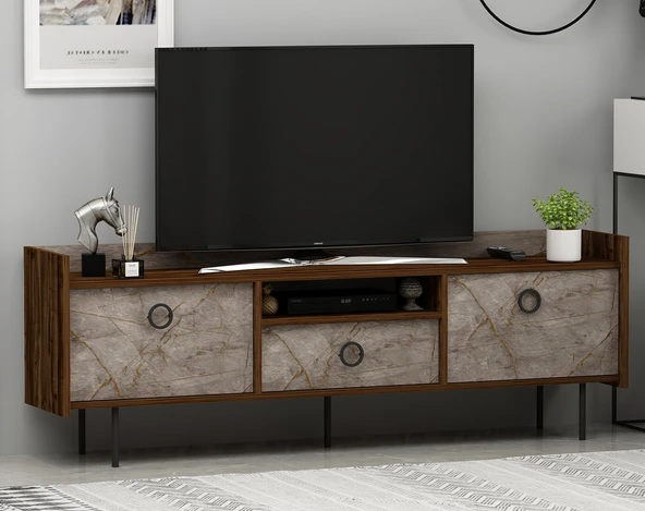 Lidya T0015 Metal Ayaklı, 3 Kapaklı Modern TV Sehpası  Gordion Mermer/Ceviz ürün görseli 1