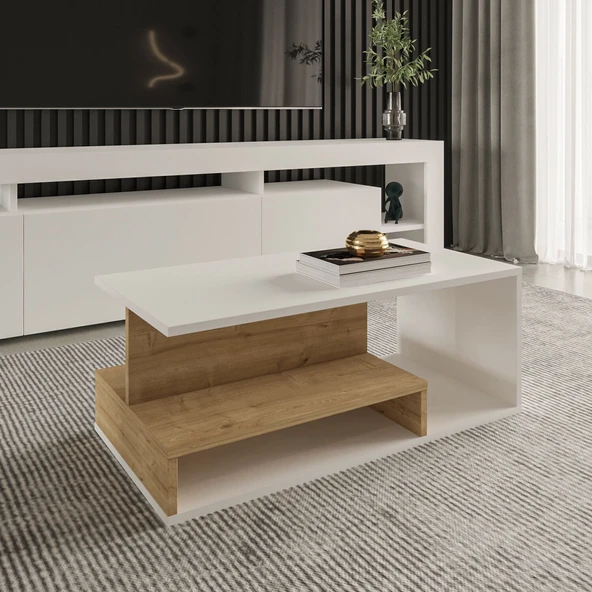 Vera Mini Orta Sehpa – Modern Tasarım, Fonksiyonel Raflı Yapı  Beyaz/Safir Meşe ürün görseli 1