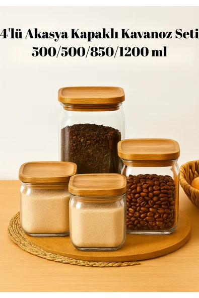 4’lü Akasya Kapaklı Cam Kavanoz Seti | 500 ml – 500 ml – 850 ml – 1200 ml | Vakumlu Saklama Kavanozu ürün görseli 1