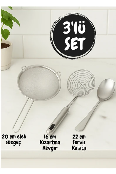 3’lü Paslanmaz Çelik Mutfak Seti – 20 cm Süzgeç, Kızartma Kevgiri, Servis Kaşığı ürün görseli 1