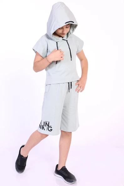 Toontoy Kız Çocuk 2'li Takım Baskılı Kapüşonlu T-Shirt & Beli Lastikli Kapri Şort ürün görseli 1