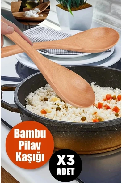 3 Adet Ahşap Büyük Boy Pilav Kaşığı Servis Kaşığı 28 Cm, Yanmaz Yapışmaz Tencere Tava Çizmez ürün görseli 1