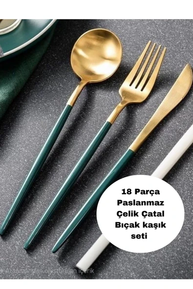 Astorga 18 parça 6 kişilik gold yeşil titanyum paslanmaz çelik çatal bıçak kaşık seti ürün görseli 1