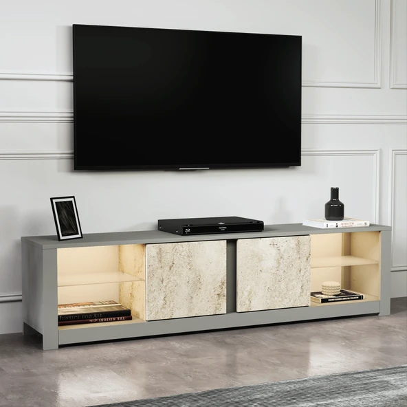 Aydos LED Işıklı Modern TV Sehpası – Cam Raflı, 2 Kapaklı, 180 cm  Gri/Traverten ürün görseli 1
