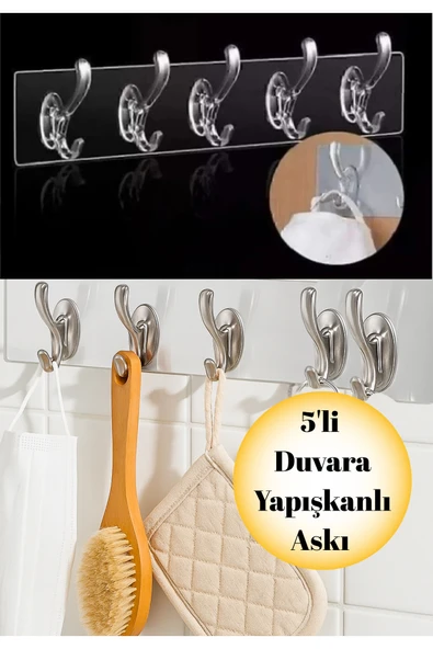 5’li Şeffaf Yapışkanlı Askı | Banyo, Mutfak, Kapı, Duvar Kancası | Güçlü ve Dayanıklı Düzenleyici ürün görseli 1