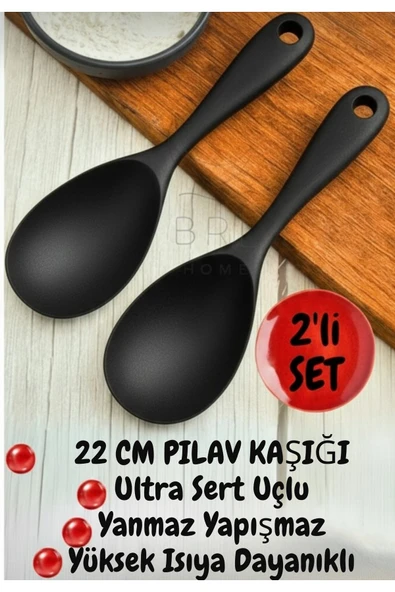 22 Cm Sert Uçlu Silikon Yüksek Isıya Dayanıklı Pilav Kaşığı 2 Adet siyah ürün görseli 1