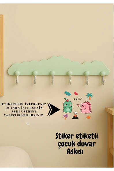Stiker Etiketli Çocuk Duvar Askısı | 6 Kancalı Dekoratif Askı | Sevimli Dinozor Sticker Hediyeli ürün görseli 1