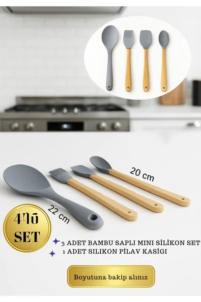 4’lü gri Silikon Mutfak Seti – 3’lü Bambu Saplı Mini Silikon Set + 22 cm Silikon Pilav Kaşığı ürün görseli 1